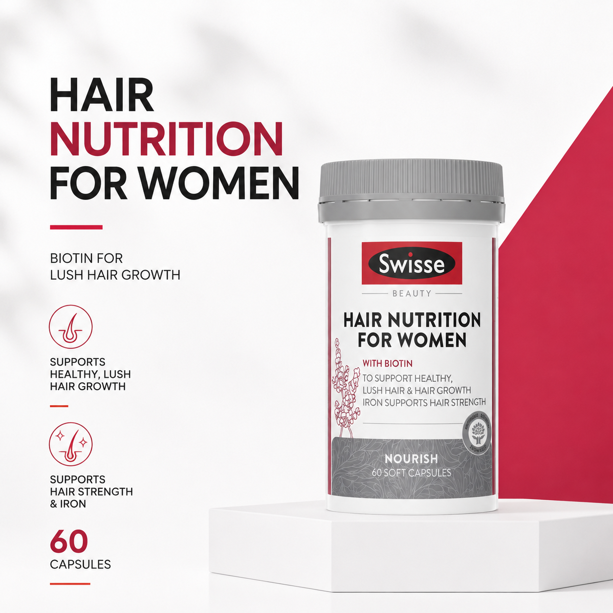 Swisse Beauty Hair Nutrition for Women 60 Capsules | Biotin For Lush Hair Growth