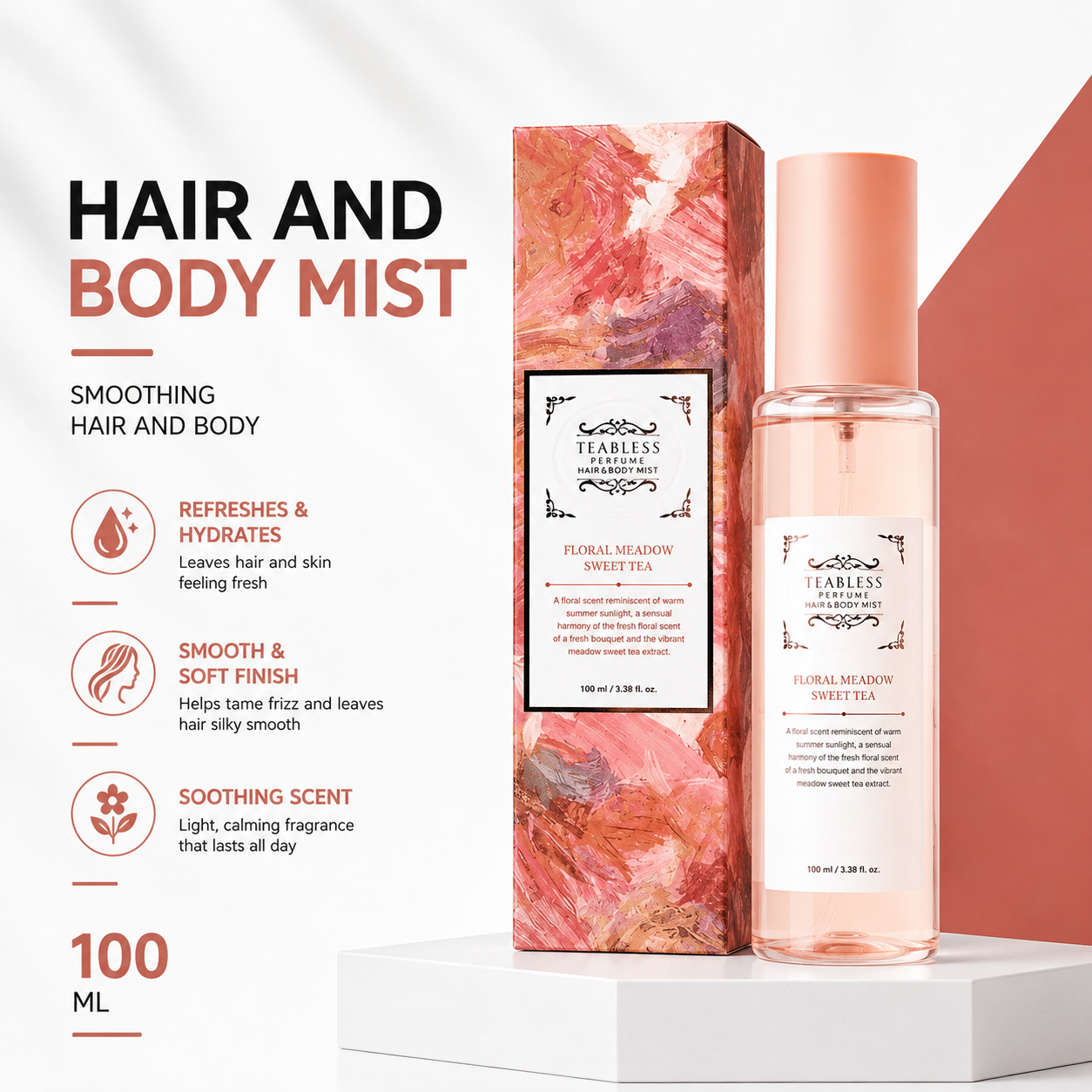 Teabless Floral Meadowsweet Tea Perfume Hair & Body Mist 100mL | Smoothing Hair and Body