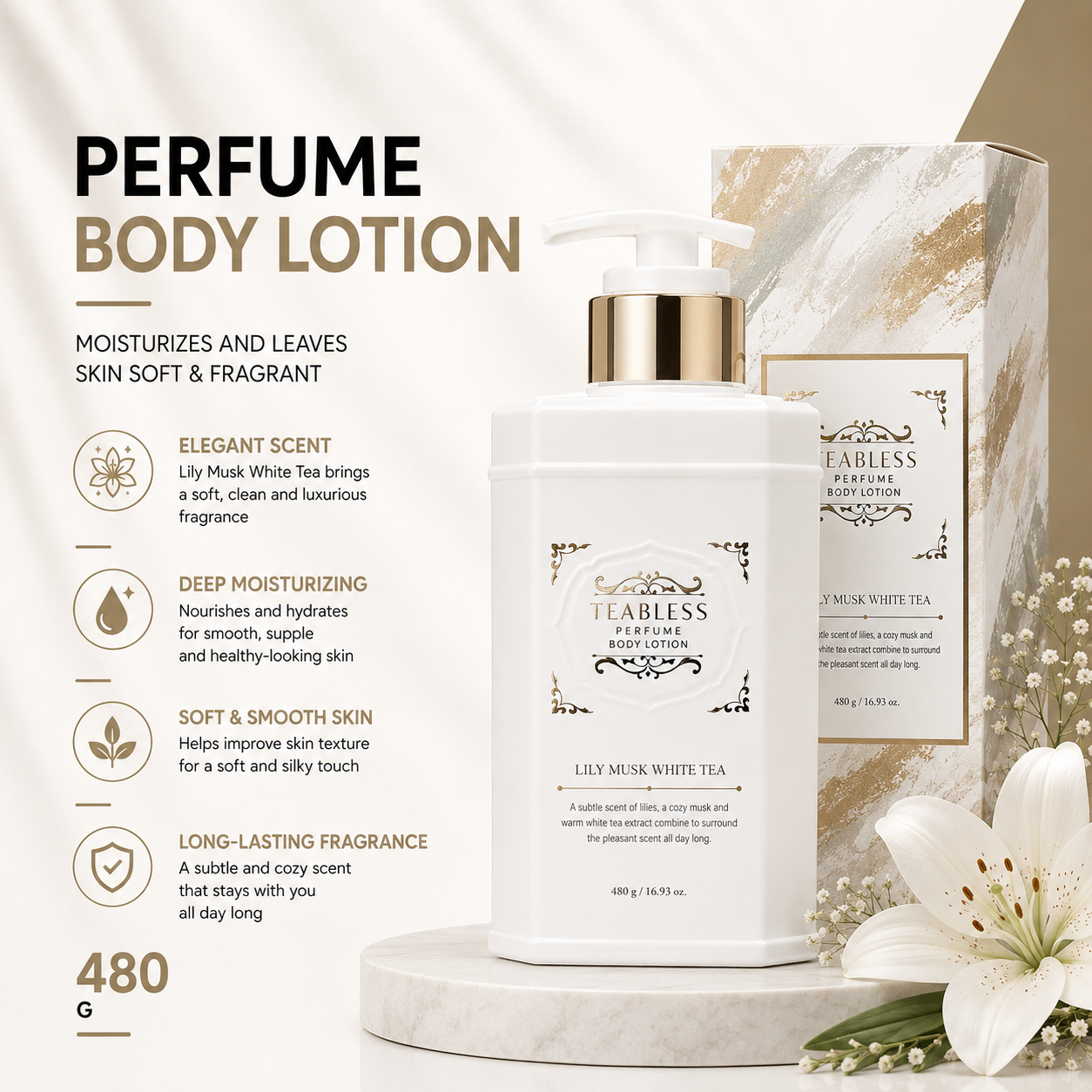 Teabless Lily Musk White Tea Perfume Body Lotion 480g | Promotes Healthy and Radiant Skin