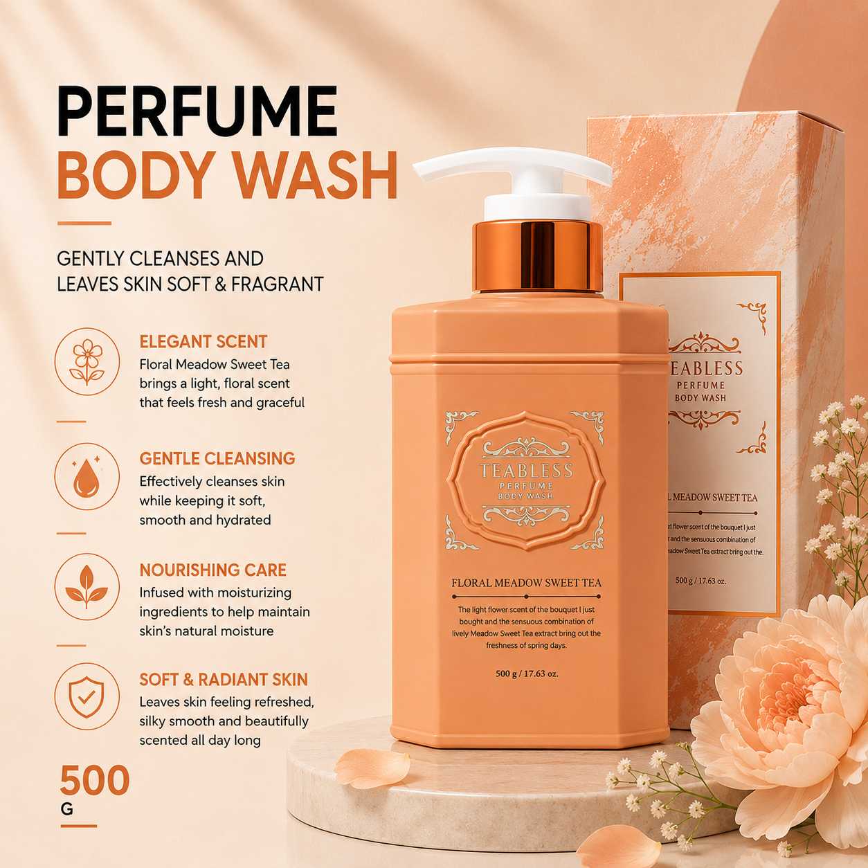 Teabless Floral Meadowsweet Tea Perfume Body Wash 500g | Refresh and Radiant Skin