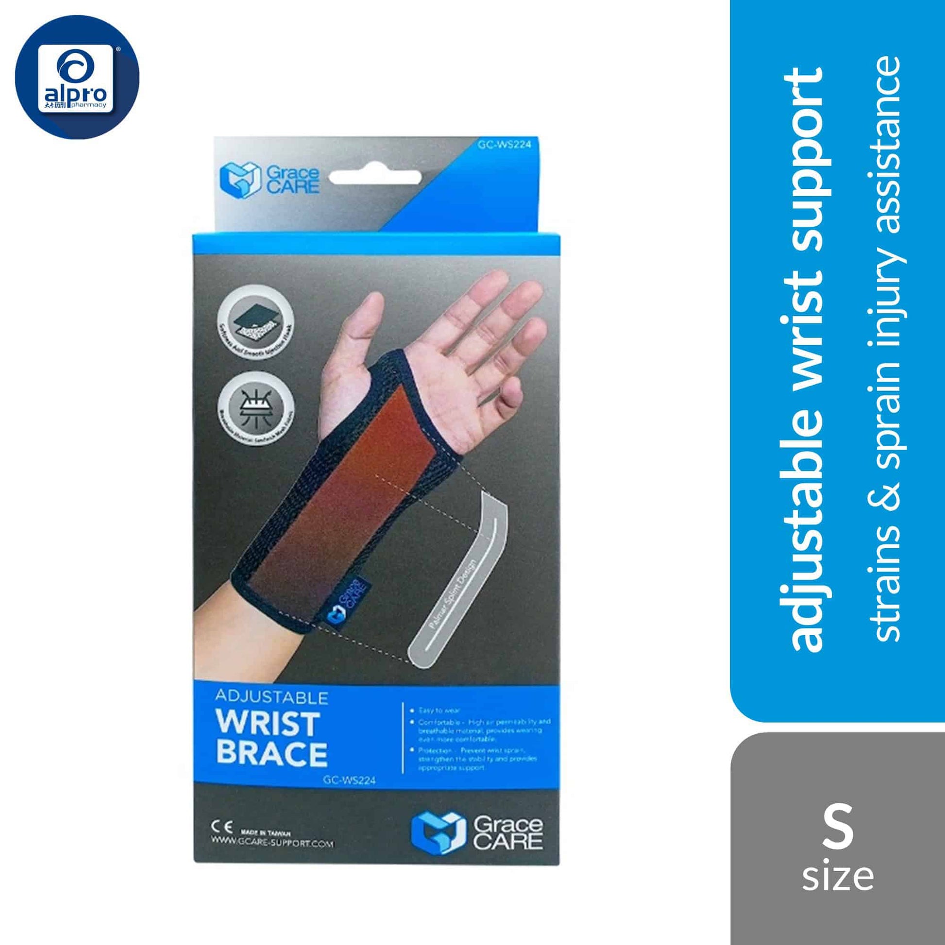 grace-care-adjustable-wrist-brace-ws224-size-s-m-strains-sprain-injury-assistance product image 1