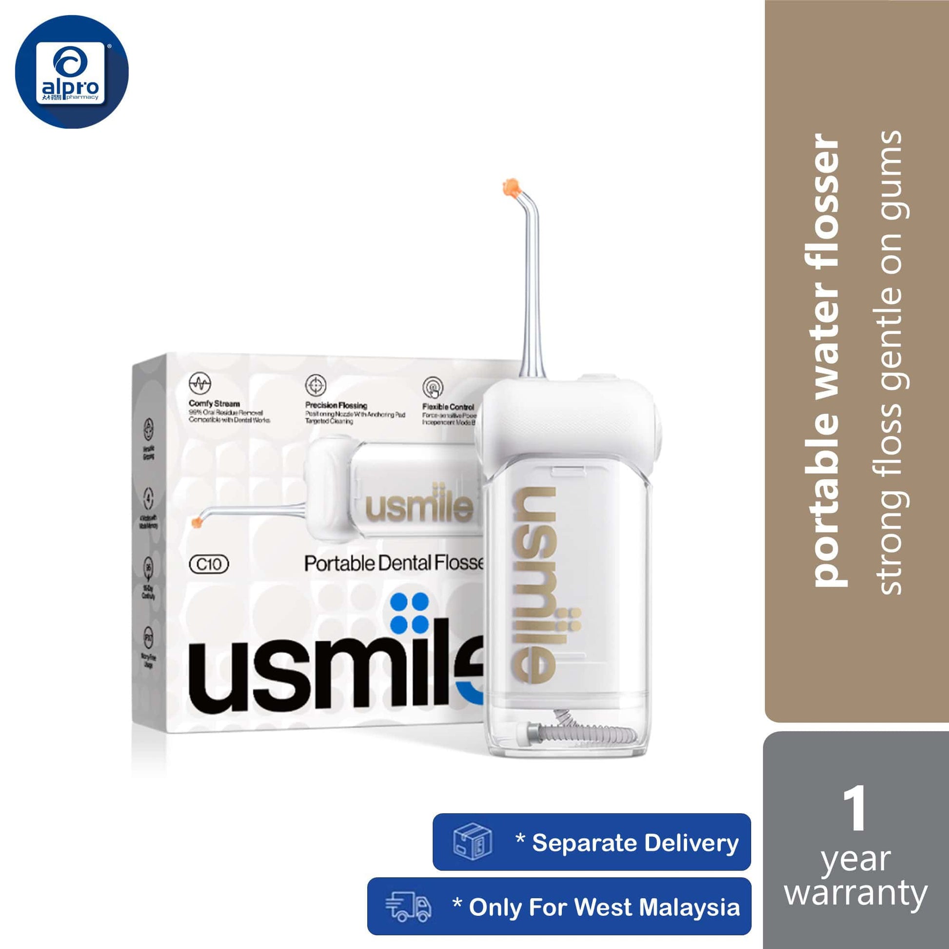 usmile-c10-portable-dental-flosser-blue-white-strong-floss-gentle-on-gums-white