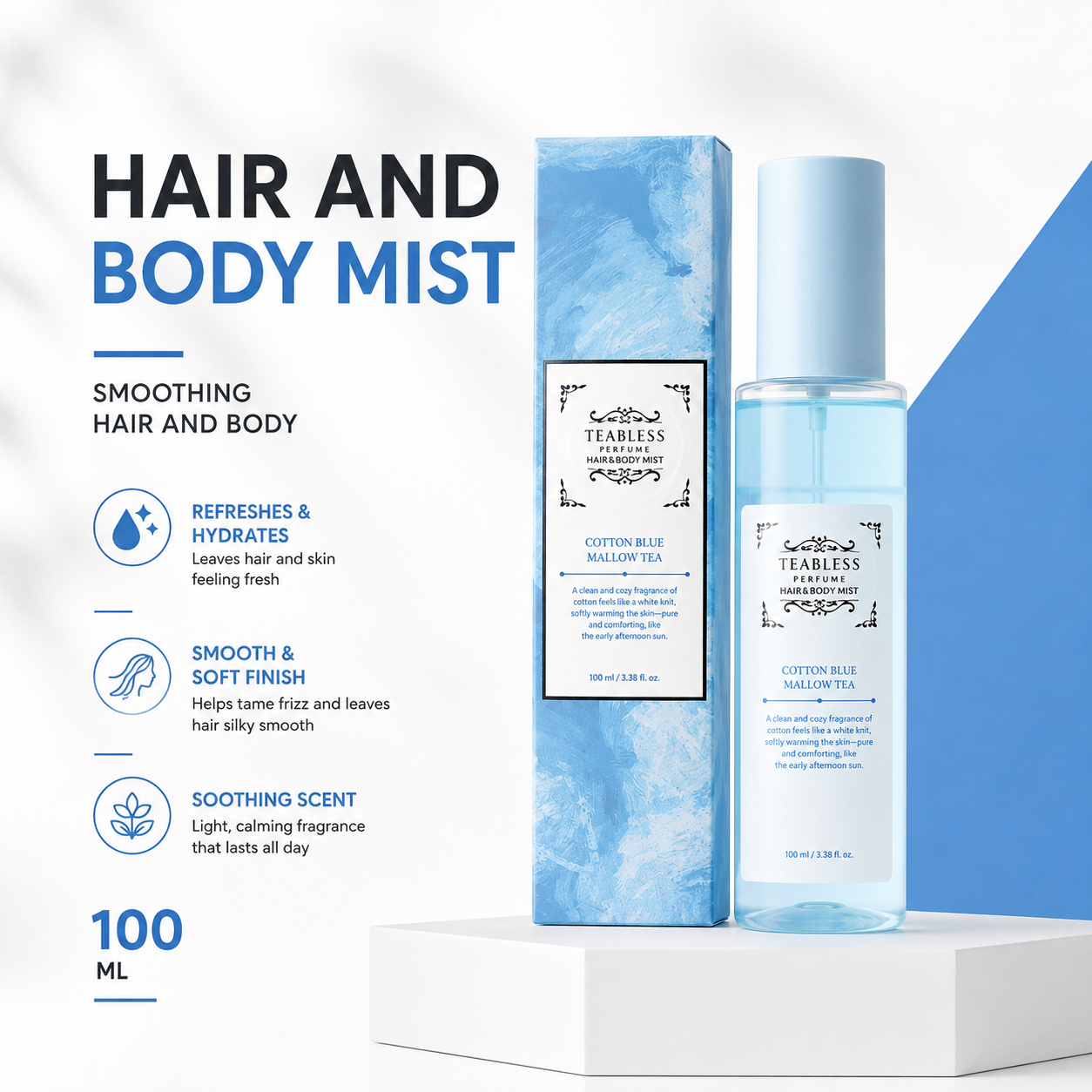 Teabless Cotton Blue Mallow Tea Perfume Hair & Body Mist 100mL | Smoothing Hair and Body