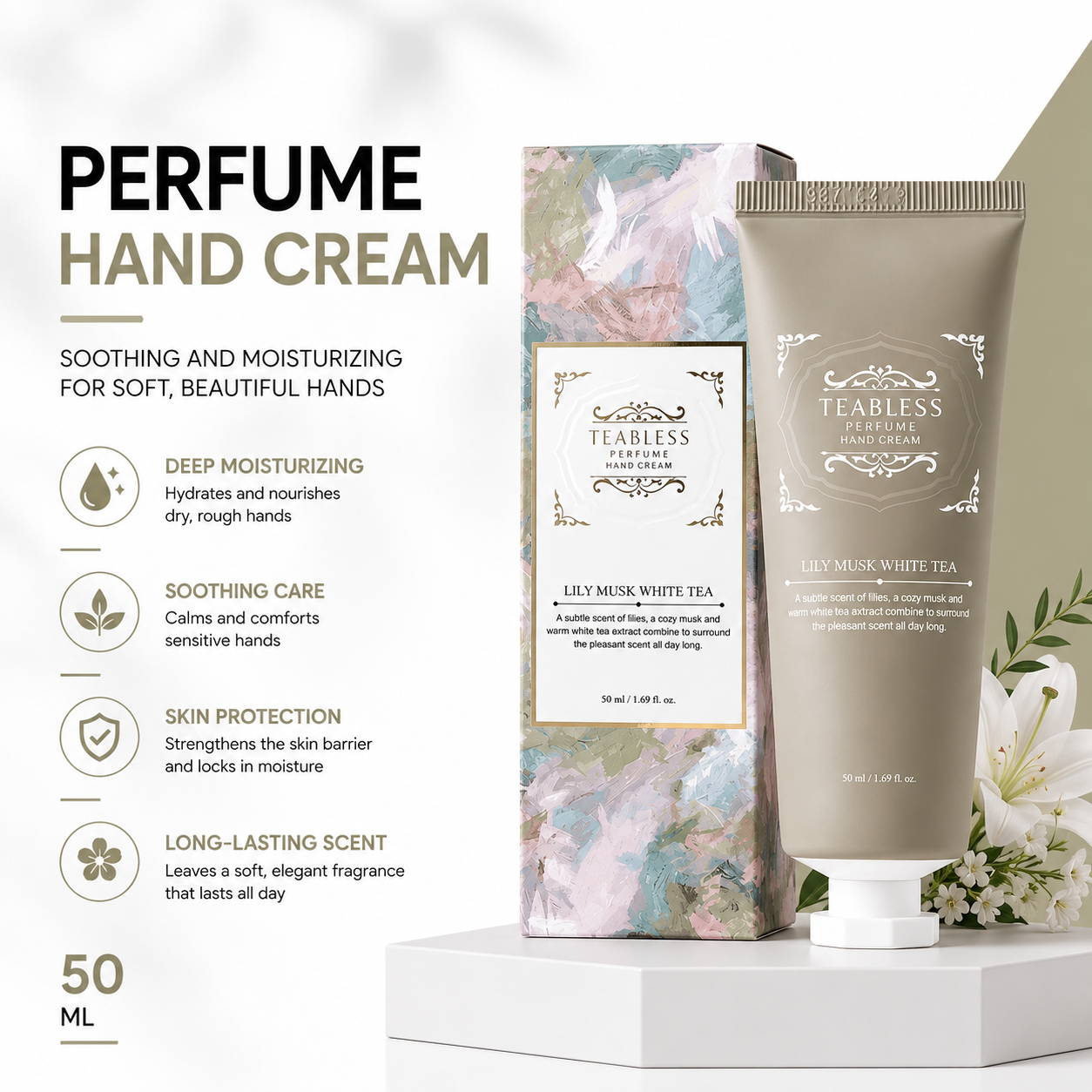 Teabless Lily Musk White Tea Perfume Hand Cream 50mL | Soothing and Moisturizing