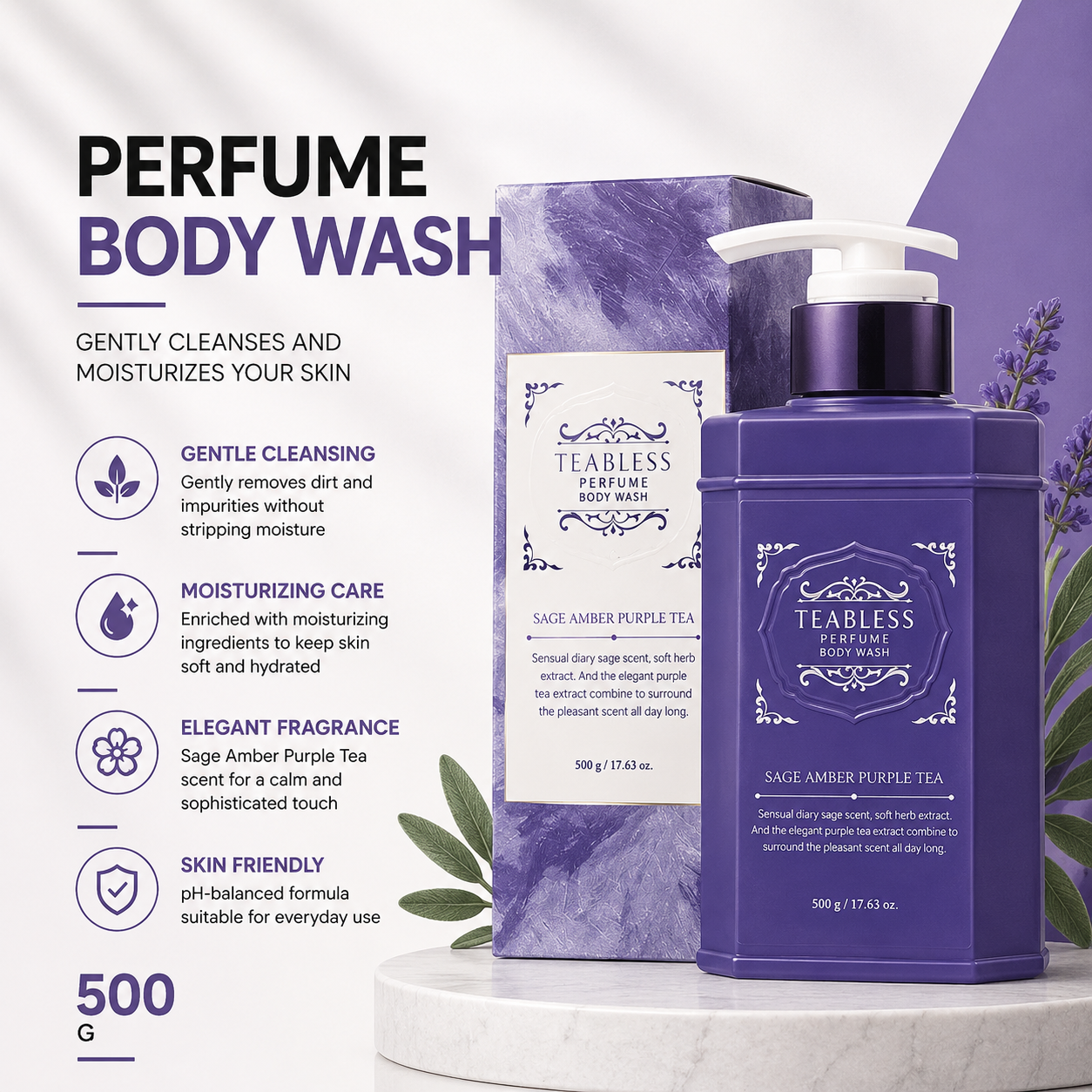 Teabless Sage Amber Purple Tea Perfume Body Wash 500g | Gentle and Mositurizing