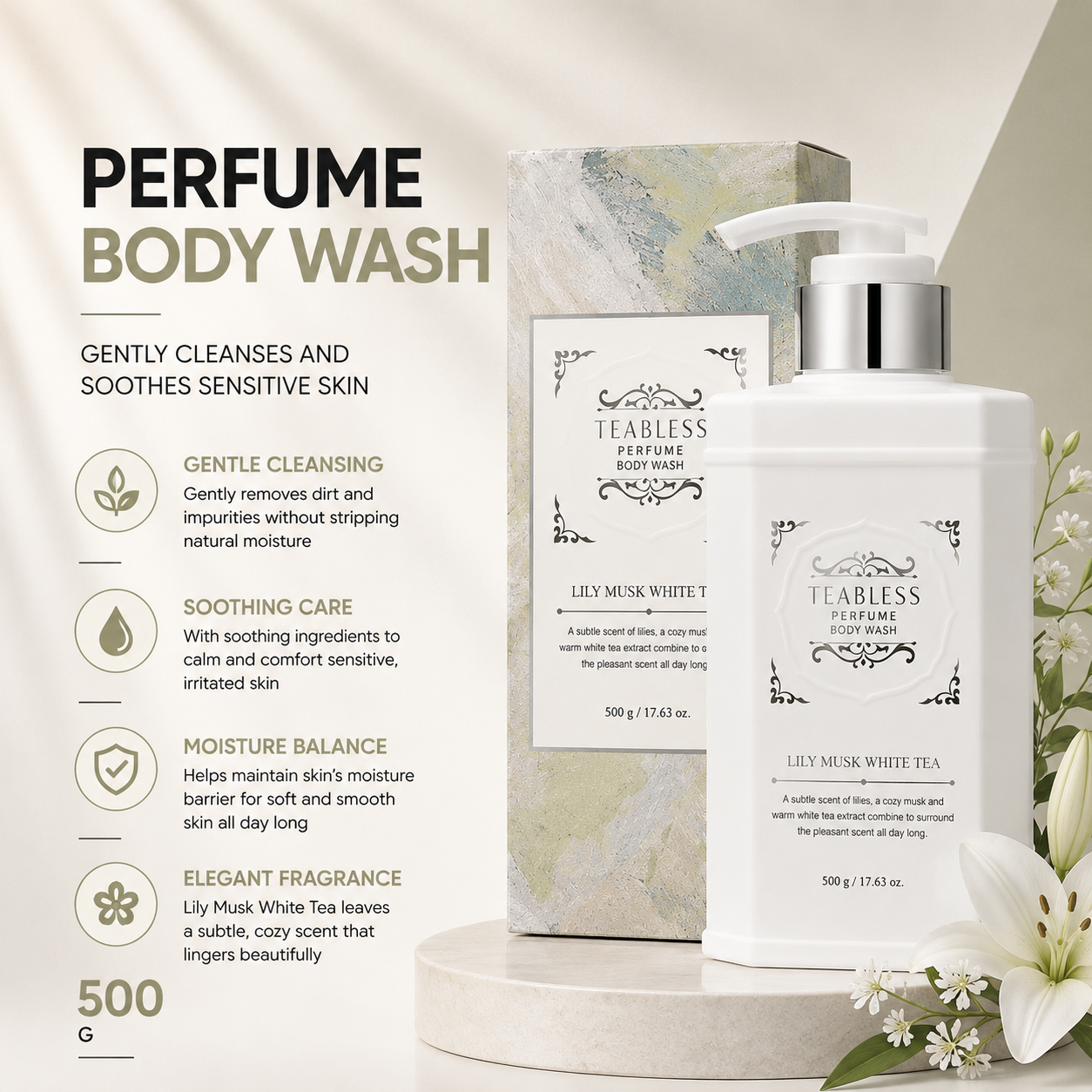 Teabless Lily Musk White Tea Perfume Body Wash 500g | Soothe Sensitive Skin
