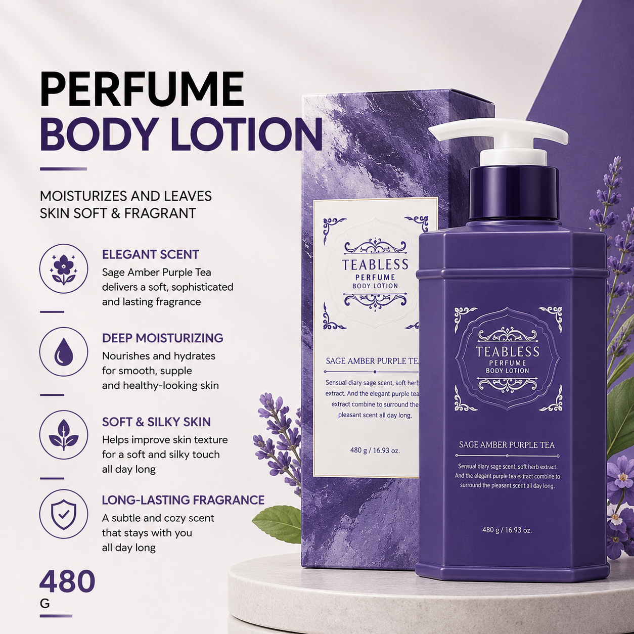 Teabless Sage Amber Purple Tea Perfume Body Lotion 480g | Daily Fragrant Moisturizer